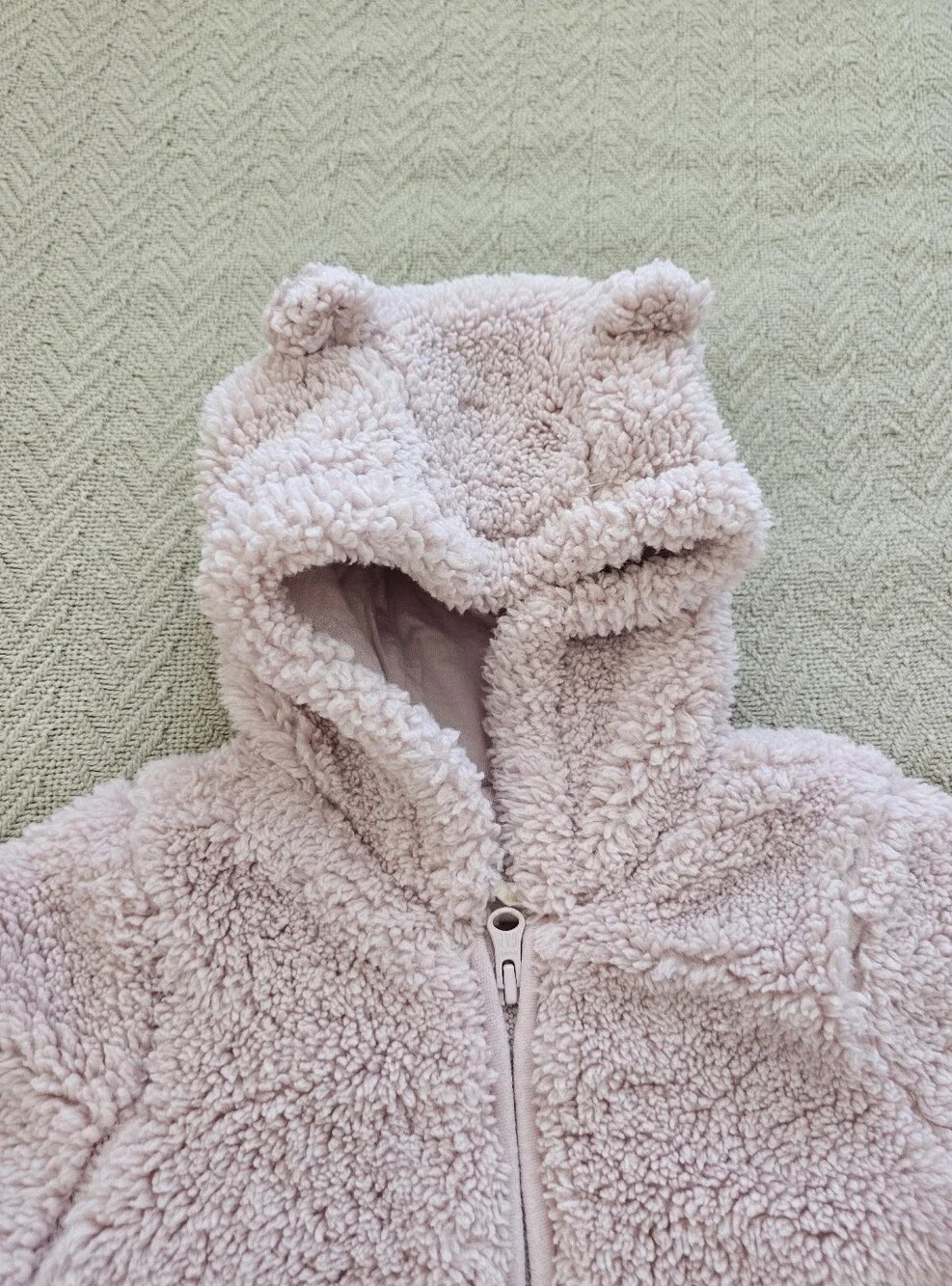 Plush Hooded Baby One-Piece in Light Pink with Bear Ears